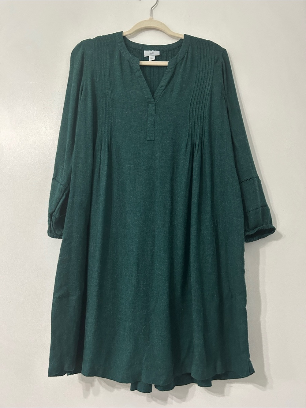 J. Jill Pintuck Henley Swing Trapeze Dress Forest Green Long Sleeve Poet Midi